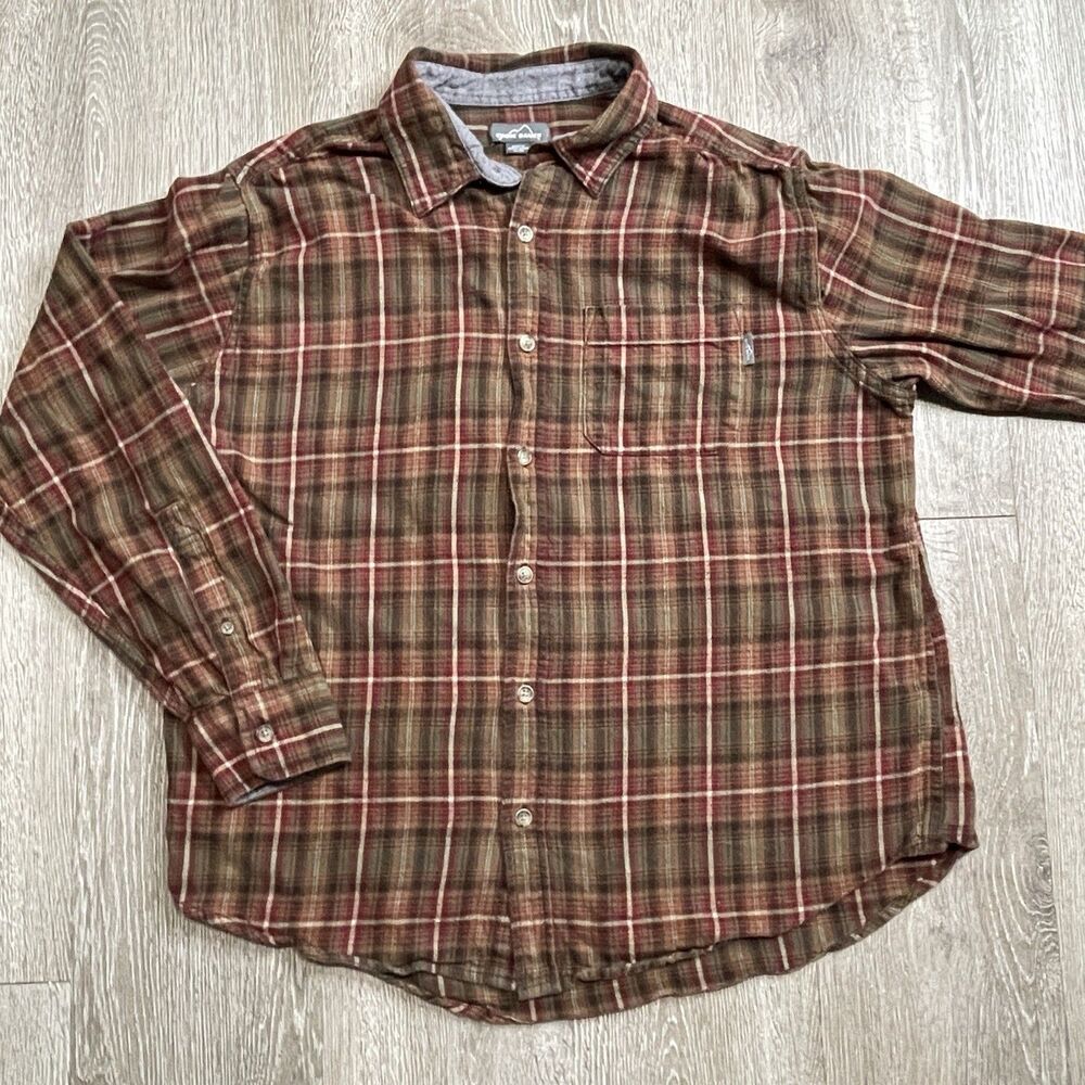 Eddie Bauer Mens Flannel Size XL  Plaid Red Brown Pocket 100% Cotton